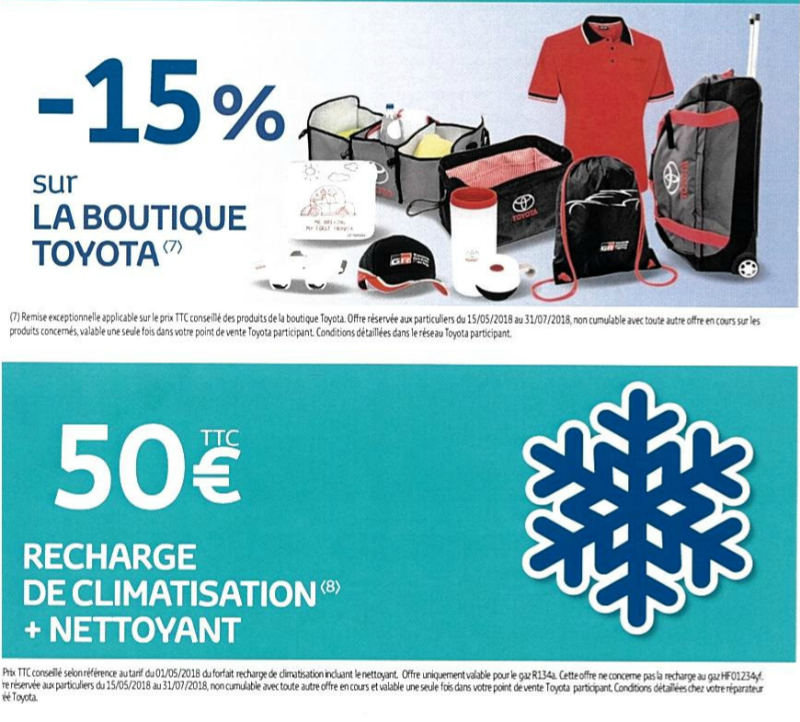 -15% sur la boutique Toyota, recharge de climatisation + nettoyant à 50 euros au lieu de 69.99